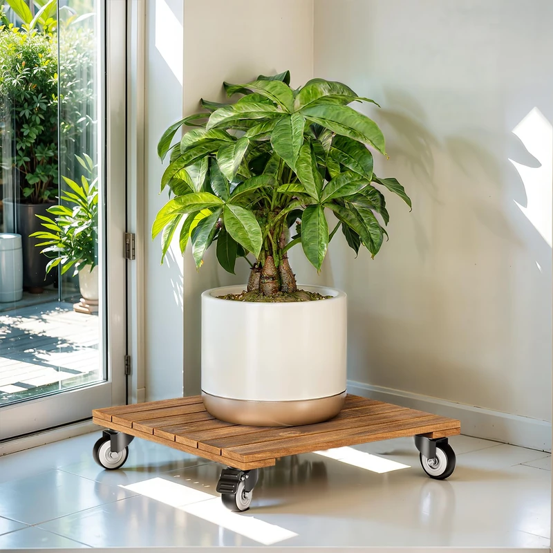 IDZO 2-Pack 12 Inch Acacia Wood Rolling Plant Caddy