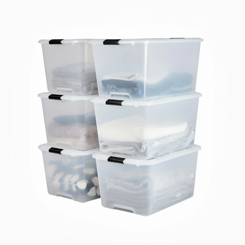 Iris Ohyama Plastic Storage Boxes with Lids, 45L, Set of 6, Clear, Latching Buckles with Handles, Stackable, Wing lid, Strong & Durable, For Closet, Garage, Home, Office, Organising Tote Bins, TBH-45