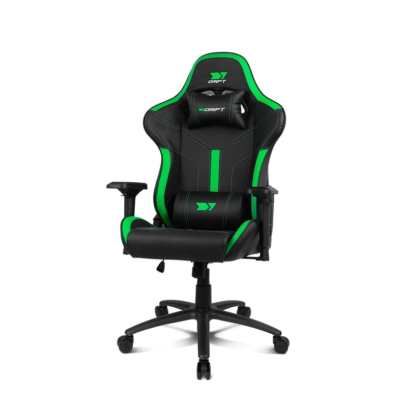 DRIFT GAMING Chair DR350 - Professional Chair, Leatherette, 4D armrests, Silent wheels, Class 4 piston, tilt, Lumbar/Cervical cushion, Black/Green