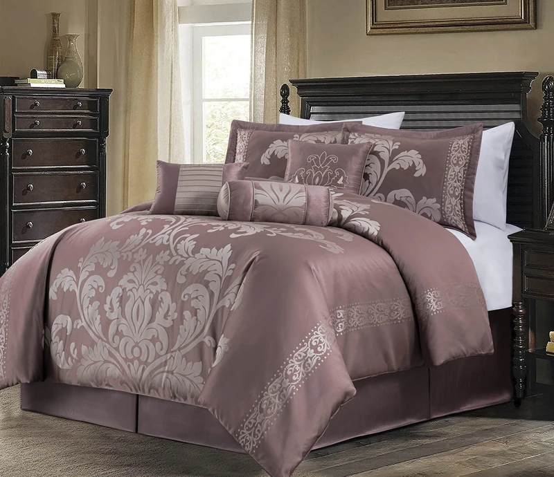 Chezmoi Collection 7-Piece Jacquard Floral Comforter Set (Queen, Woodrose/Gray)