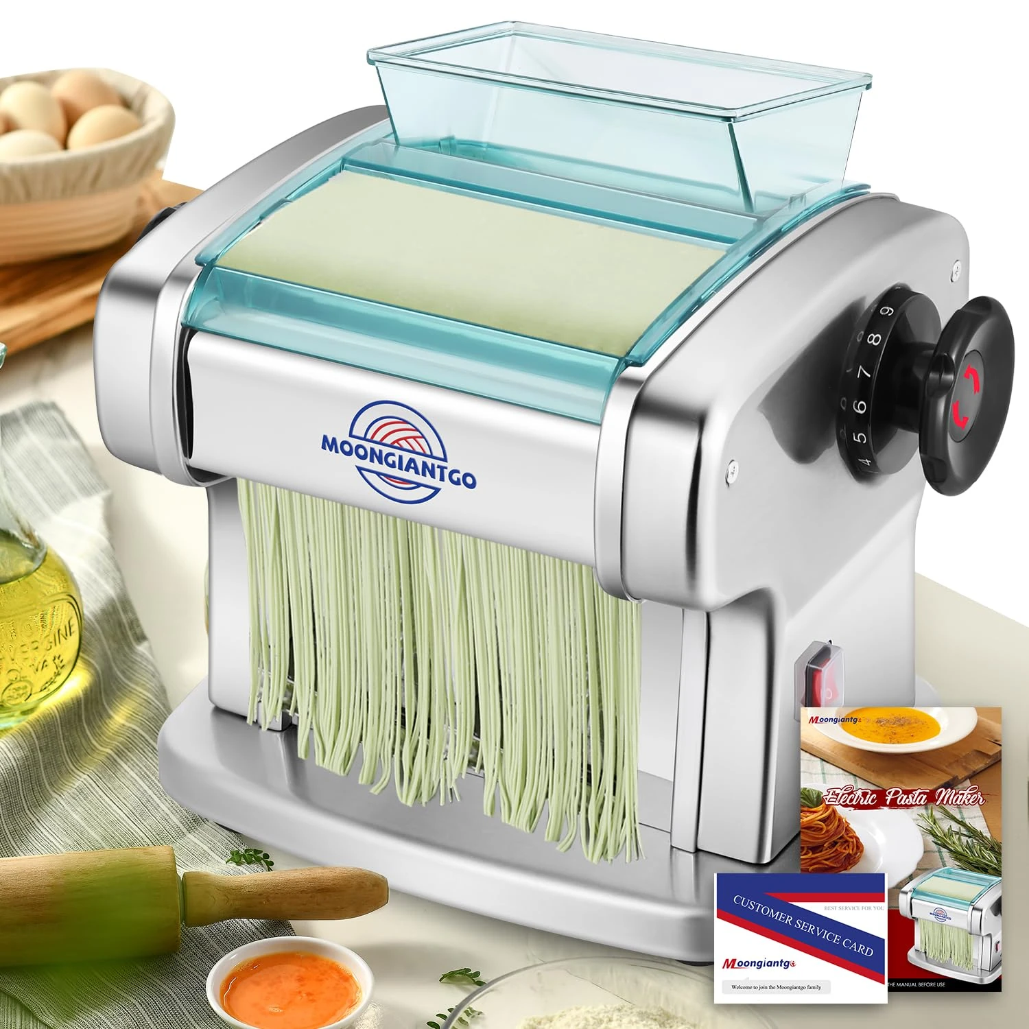 Moongiantgo Fresh Pasta Machine Professional, Stainless Steel, with 2.5mm Round & 4mm Flat Cutter, 9-Speed Thickness Adjustment 0.5-5mm, for Fettuccine, Tagliolini, Ravioli