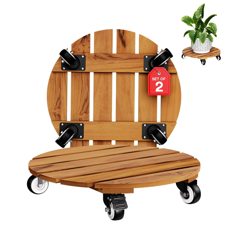 IDZO Round Planter Caddies-14, Wood, Golden Teak, 17 x 14 x 3.2 inches