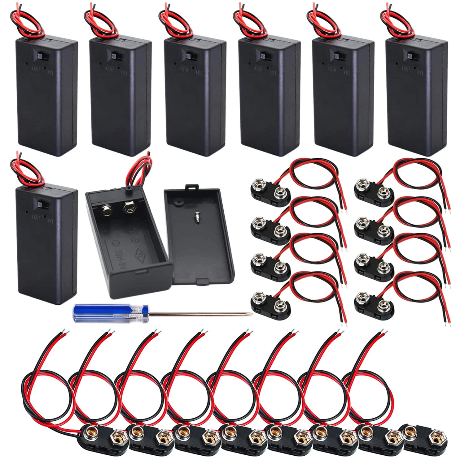 GTIWUNG 8PCS 9 Volt Battery Holder with Switch, 9V Battery Case with Wires, 16PCS 9V Battery Clips Connecter with Bare Leads and Hard Shell (Type I &Type T)