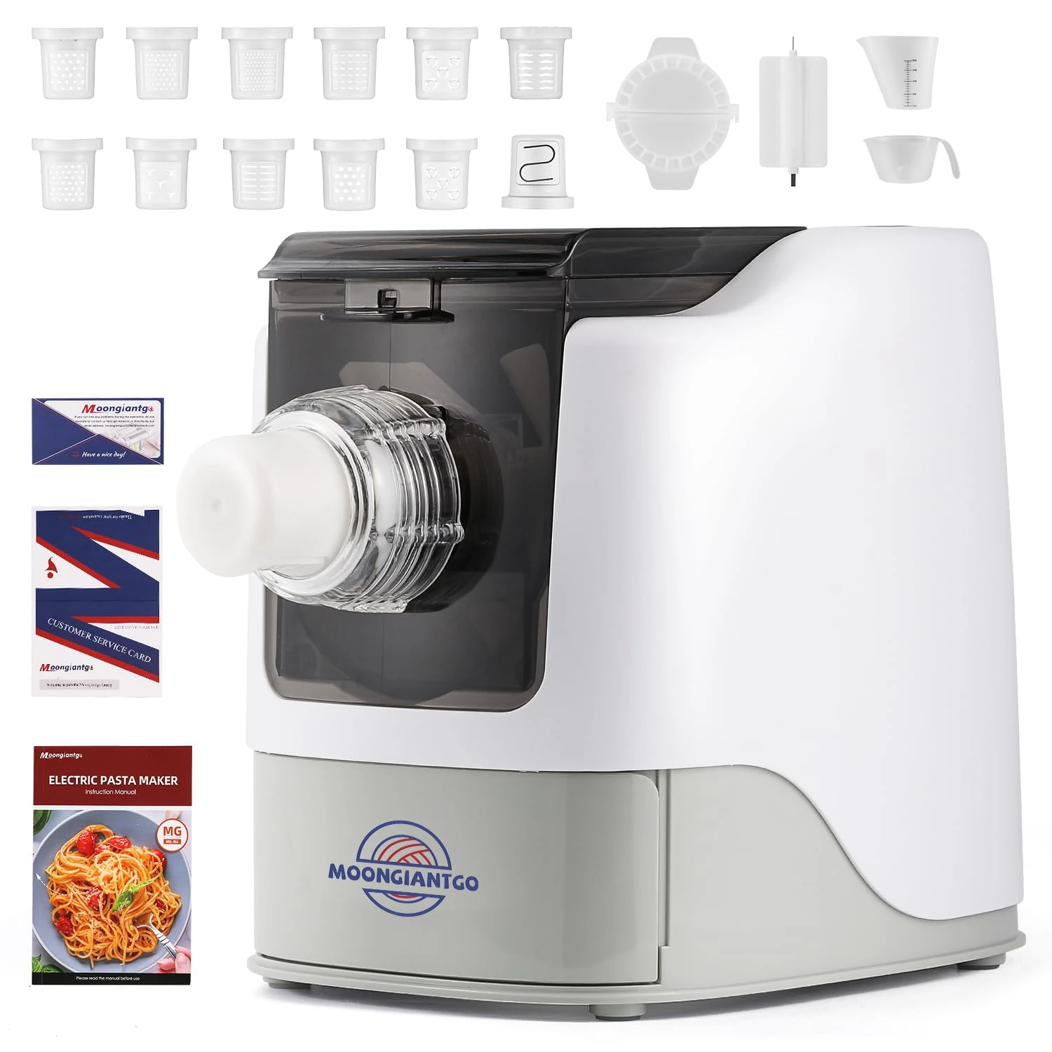Moongiantgo Pasta Maker Electric Automatic 600g Capacity 201W Multi-Function with Cooling System, Storage Box & 14 Accessories for Varieties of Pasta, Fresh Pasta in Under 10 Minutes, Household ABS