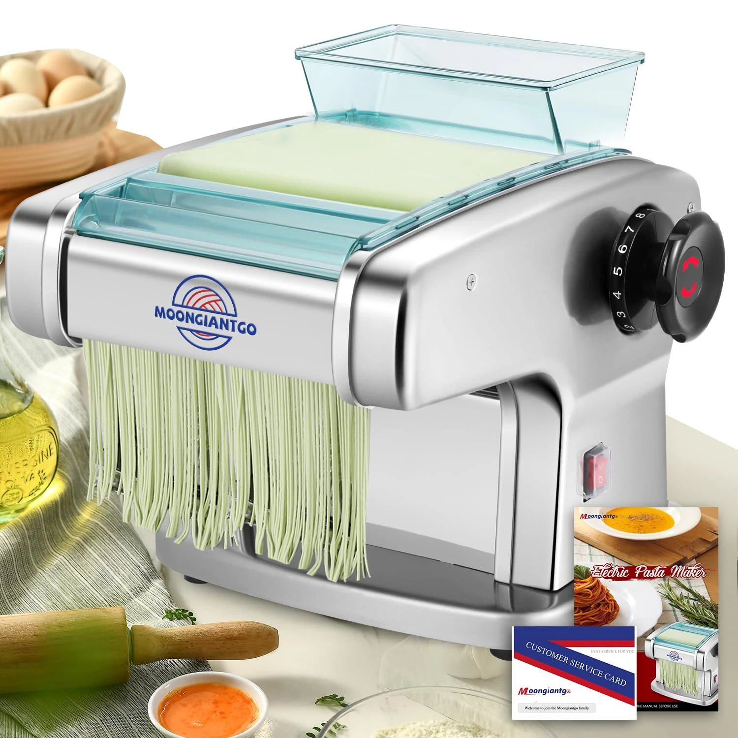 Moongiantgo Fresh Pasta Machine Professional (Stainless Steel, with 2mm Fine & 2.5mm Round & 4mm Flat & 9mm Wide Cutter, 9-Speed Thickness Adjustment 0.5-5mm for Fettuccine, Tagliolini, Ravioli)