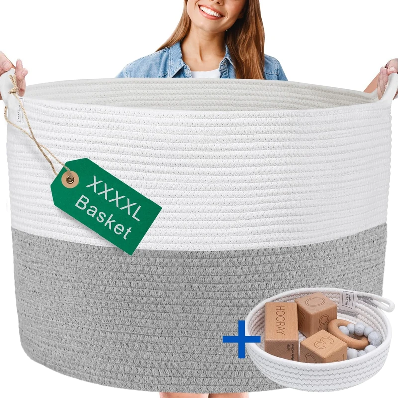 HUDDLE Supply Co XXL WASHABLE Jumbo 24" x 17" Extra Large Cotton Rope Basket for Blankets, Living Room, Baby Toy Storage