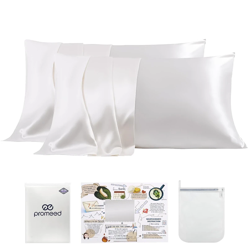 PROMEED 100% Mulberry Silk Pillowcase King Size Set of 2, 23 Momme Grade 6A+ Natural Silk Pillowcases Anti-Acne (King, 20x36 inches, White)