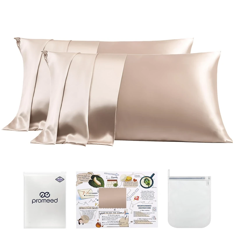 PROMEED 23 Momme Silk Pillowcase 2 Pack with Zipper, 3rd Gen Grade 6A+ 100% Mulberry Silk Pillow Case Set of 2, Cooling Pillow Cases for Hot Sleepers (Queen 20"x30", Champagne)