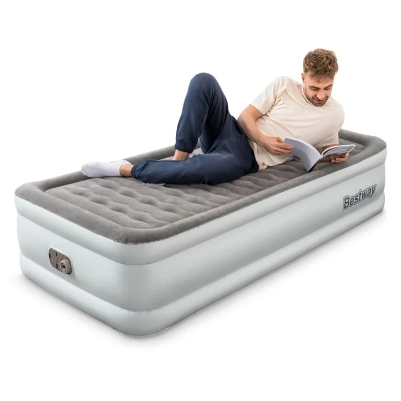 Bestway King Queen Double Single Size Air Bed | Airbed with Built-in Electric Pump, Fast Inflation, Wave Beam Support Mattress with Storage Bag, Grey