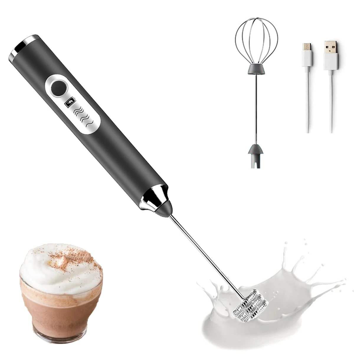 Milk Frother Coffee USB Rechargeable Handheld Milk Frother 1 Milk Frother 1 Whisk for Cappuccino, Hot Chocolate, Coffee, Latte