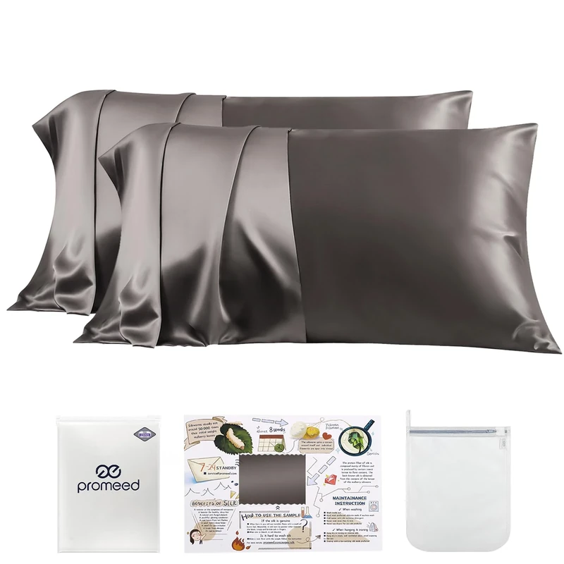 PROMEED 100% Silk Pillowcase 2 Pack with Zipper, Both Sides Premium Mulberry Silk Pillow Cases Set of 2 for Hair and Skin, Anti BedHead, Anti Frizz (Standard 20"x26", Grey)