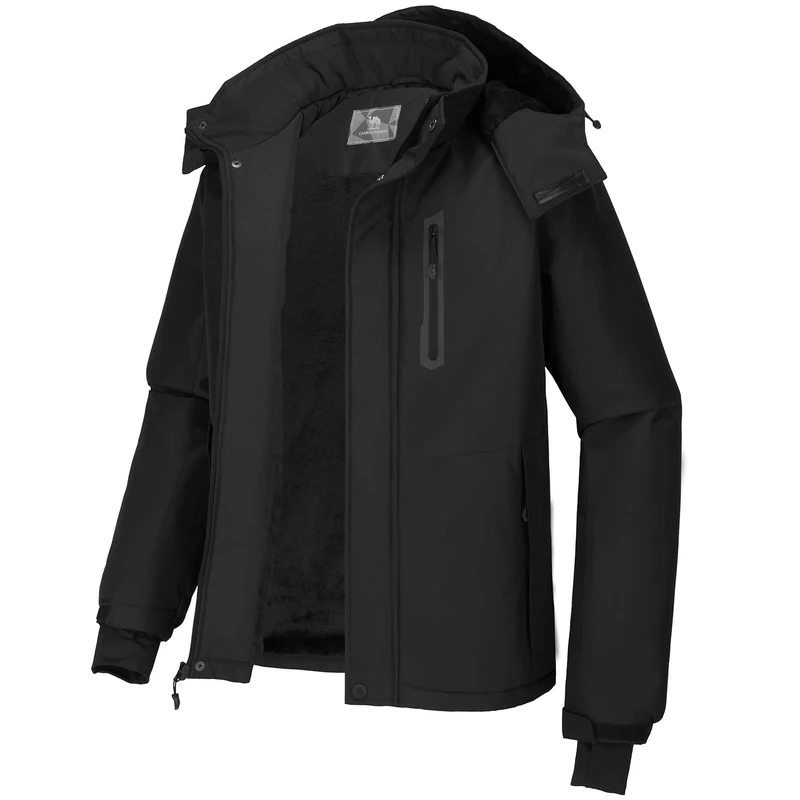 CAMEL CROWN Men's Mountain Snow Waterproof Ski Jacket Detachable Hood Windproof Fleece Parka Rain Jacket Winter Coat, Black3, S