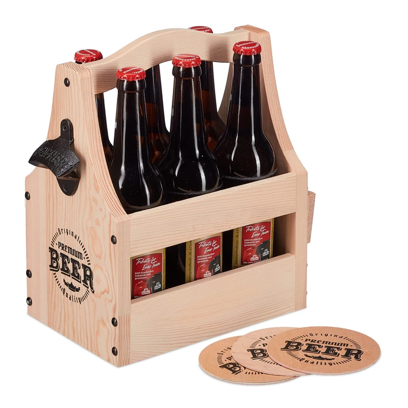 Relaxdays Wooden Carrier, with Bottle Opener & Coaster, Room for 6 Beers/Wine, Sturdy Metal Iron, Natural, Wood, 30 x 28.5 x 16 cm