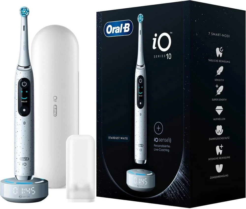 Oral-B iO Series 10 Electric Toothbrush, 7 Cleaning Modes, Dental Care, iOSense, Colour Display & Charging Travel Case, Designed by Braun, Stardust White