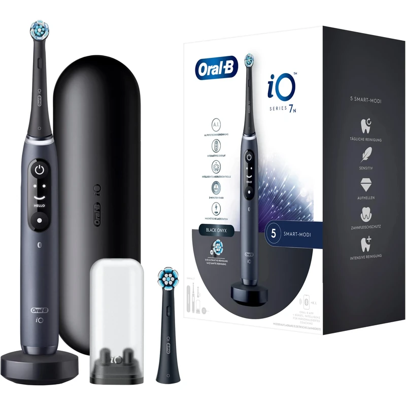 Oral-B iO Series 7 Electric Toothbrush, 2 Replacement Toothbrush Heads, 5 Cleaning Modes for Dental Care, Magnetic Technology, Display & Travel Case, Gift Man/Woman, Designed by Braun, Black Onyx