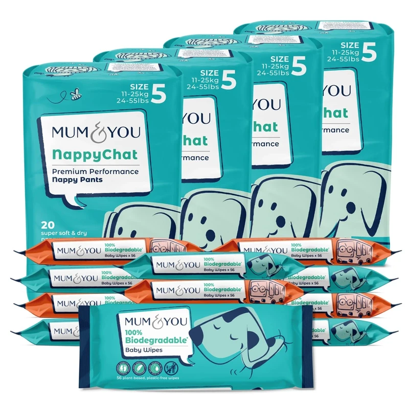 Mum & You 100% Biodegradable Vegan Registered Plastic Free Baby Wet Wipes Eco Nappy Pants, 4 Pack Size 5 (Junior) 80 Nappies, with Smart Tube Technology for Extra Leak Protection