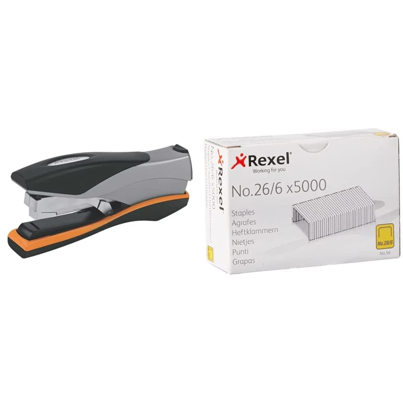 Rexel Optima 40 Low Force Stapler, Silver/Black, 2102357 & No.56 26/6 Staples for Standard Staplers, for Stapling Upto 20 Sheets, Use with Desktop Staplers and Pliers, 5000 Count (Pack of 1) - Image 1