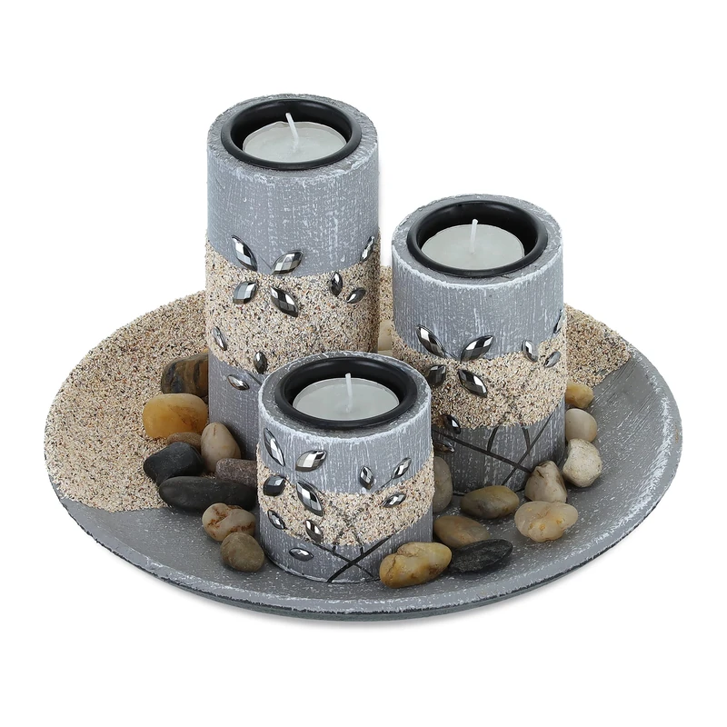 Relaxdays Tealight Holder Set, Round Decorative Tray, with Candles & Pebbles, Table Centrepiece, Dining Room, Grey/Sand