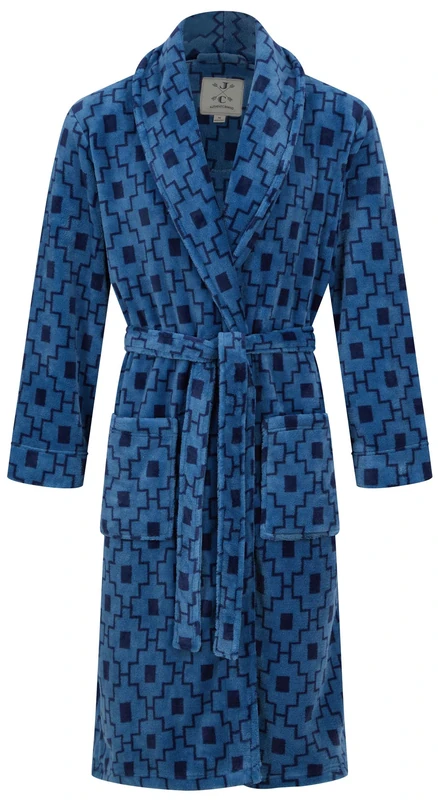 John Christian Men's Warm Fleece Dressing Gown, Blue Geometric Pattern (M)