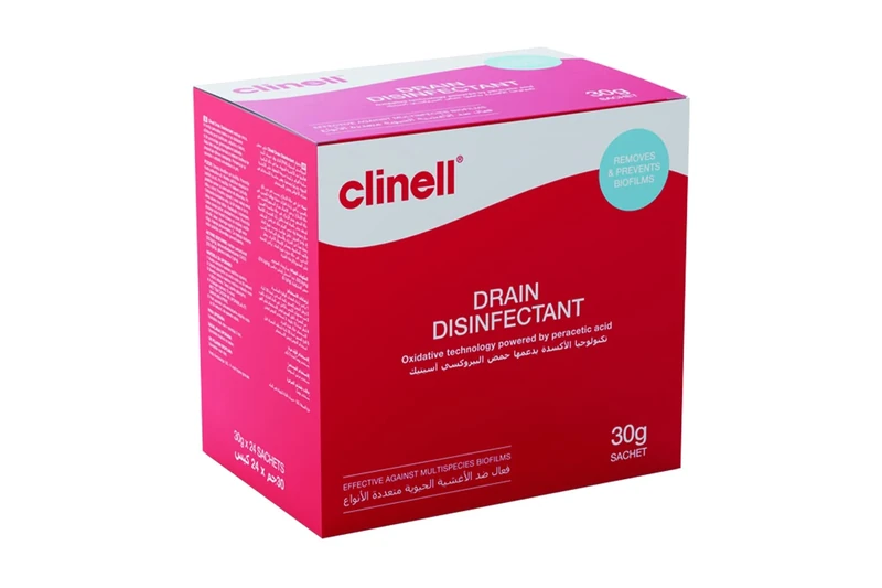Clinell Drain Disinfectant - 24 x 30g Sachets - Perfect for Sinks & Shower Drains - Kills 99.99% of Germs Bacteria, Near-Neutral PH - Ideal for Professionals