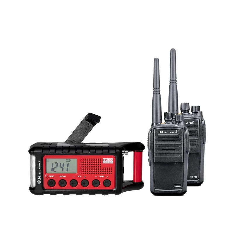 Midland PMR Premium Emergency Kit G15 Pro Radio + Crank Radio Including Case, Chargers, Batteries, 29612 with SOS Morse Code Function, Ultrasonic Dog Whistle and Solar Panel