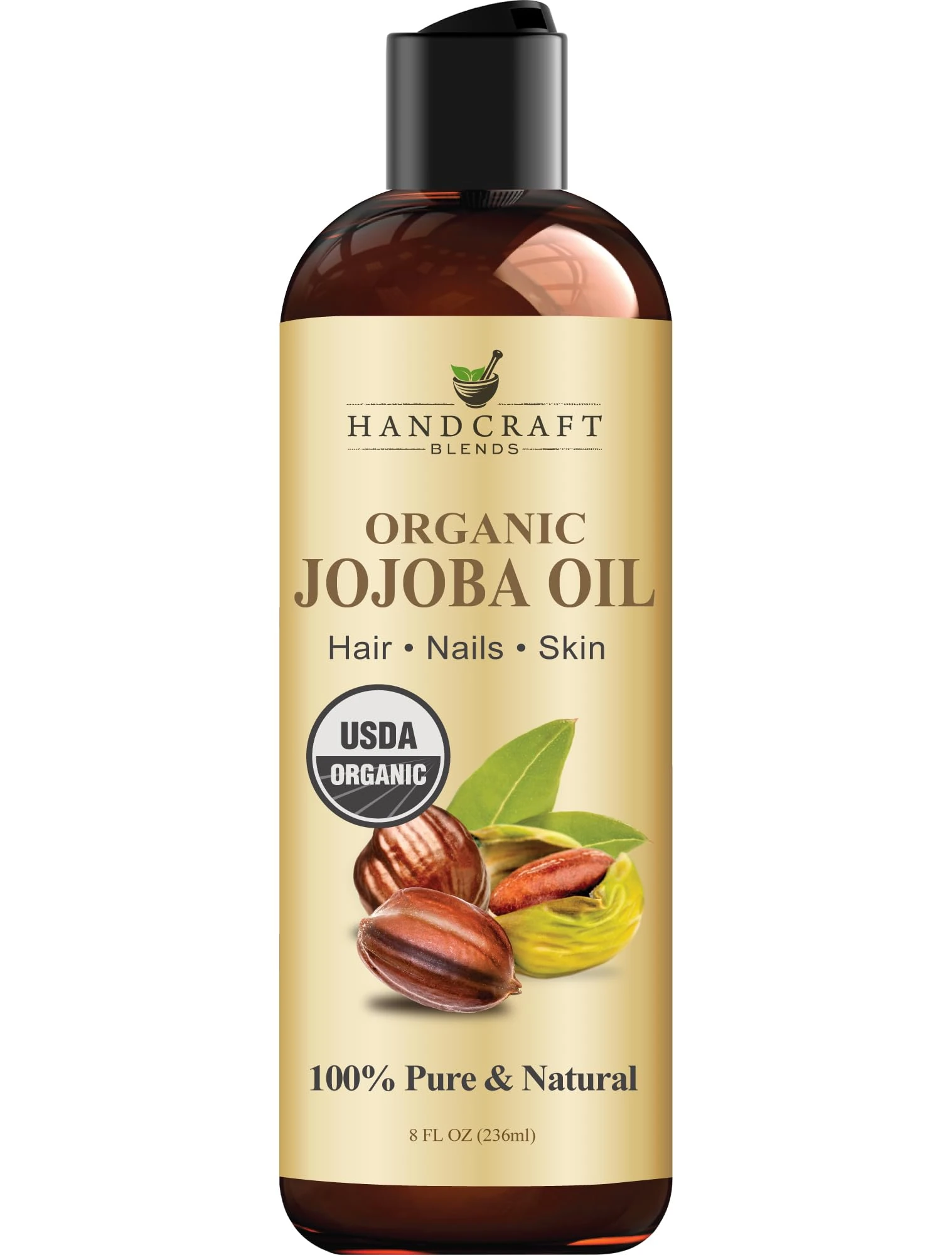 Handcraft Blends USDA Organic Jojoba Oil - Cold-Pressed 236 ml - 100% Pure and Natural - Premium Grade Carrier Oil for Skin and Hair - Hair and Body - Massage - Hexane-Free