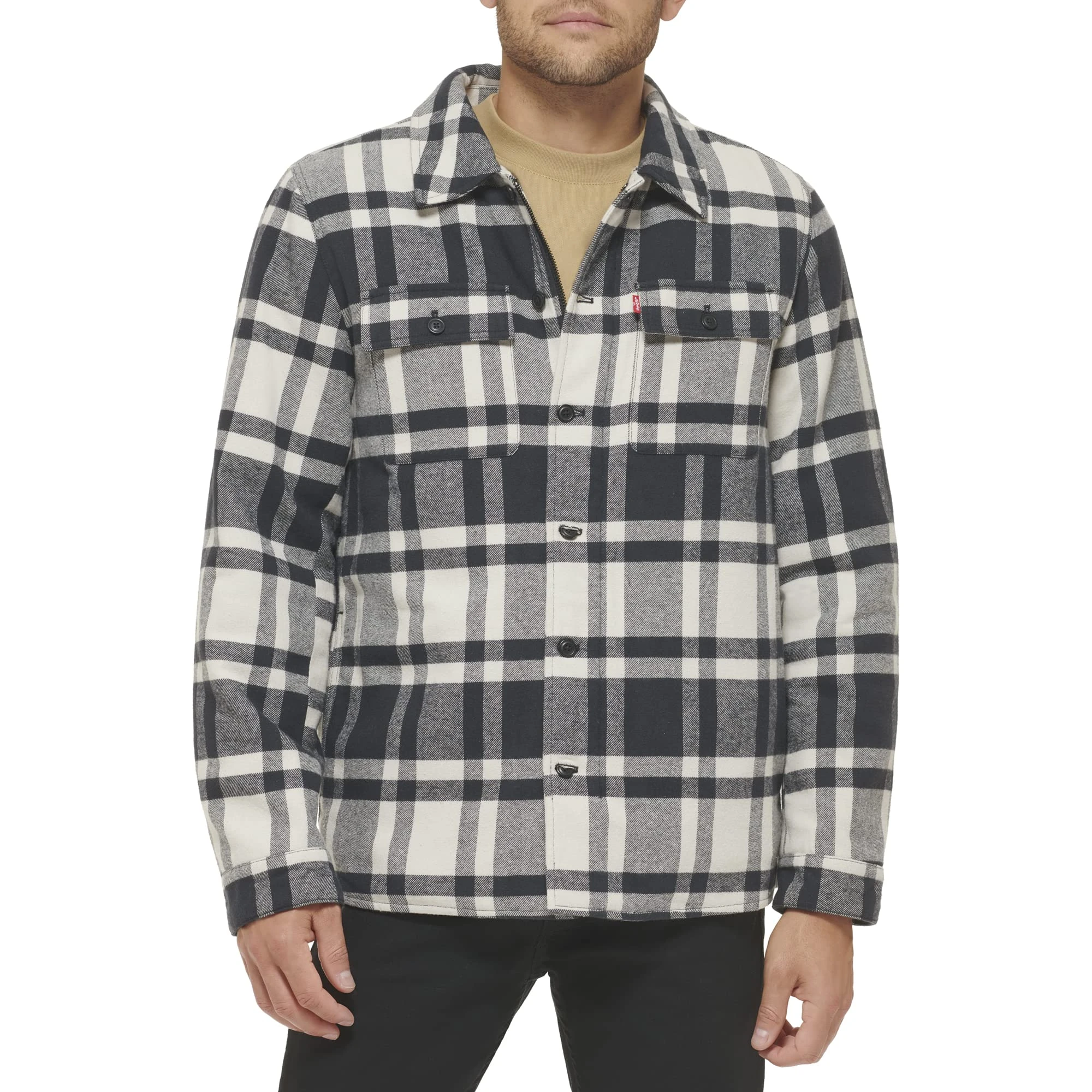 Levi's Men's Sherpa Lined Hooded Shirt Jacket (Regular & Big & Tall Sizes) Cotton, Cream Navy Plaid, Large