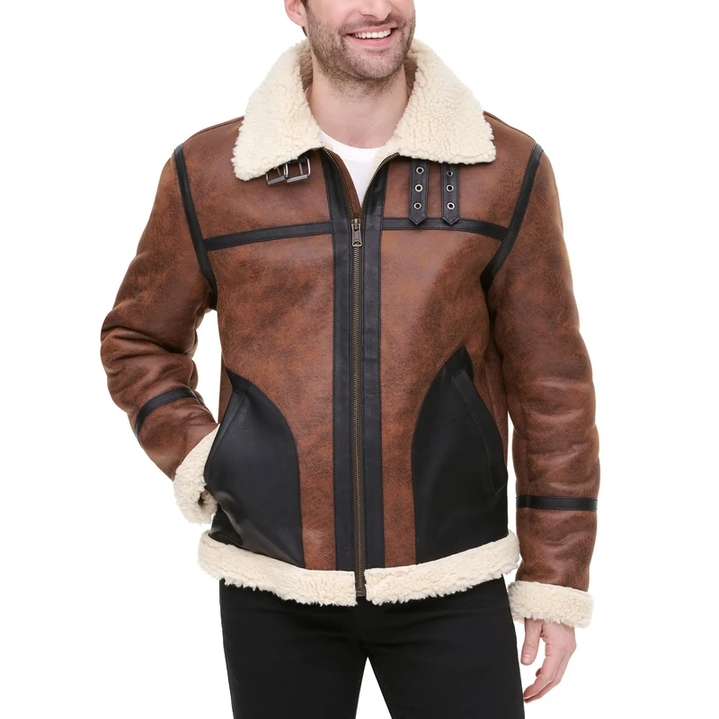 Tommy Hilfiger Men's Faux Shearling Aviator Jacket - Brown L