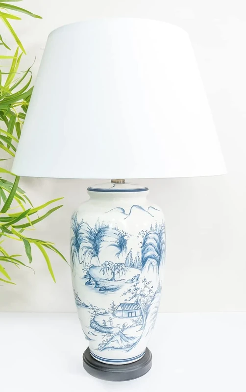 DOWNTON INTERIORS Large White Chinese Oriental Ceramic Porcelain Table Lamp Blue Landscape Pattern Overall Height 68cm G2110 (White Plain Shade)
