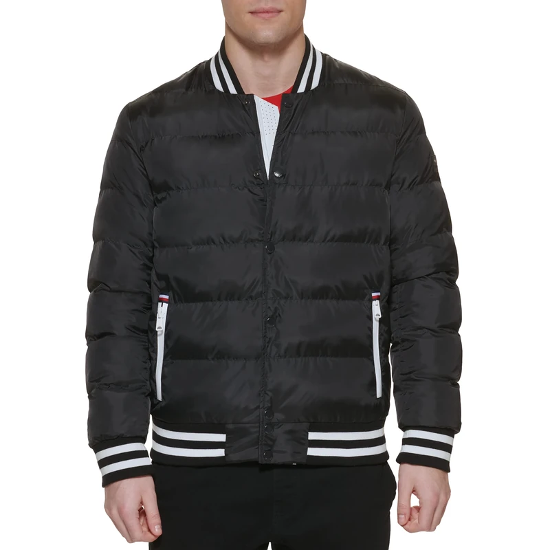 Tommy Hilfiger Men's Quilted Varsity Puffer Bomber, Black/Black, L