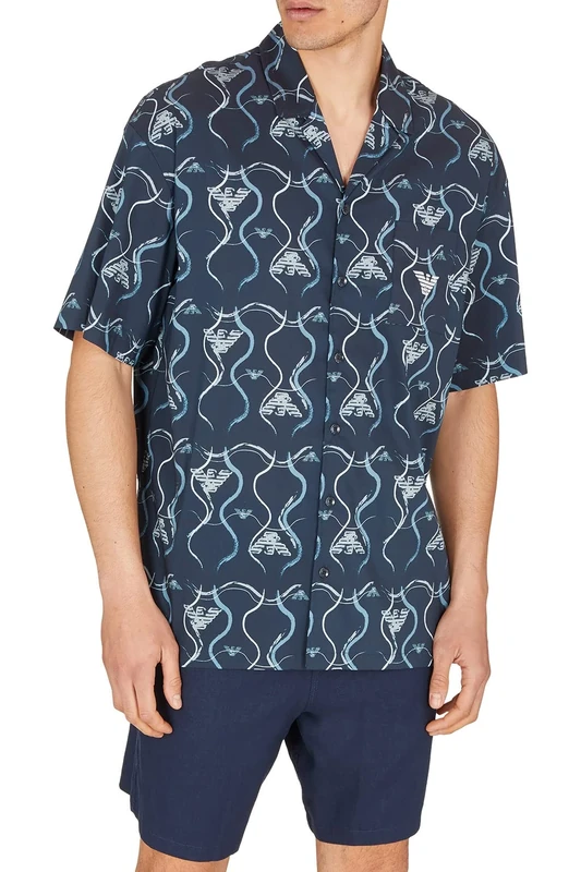Emporio Armani Swimwear Men's Emporio Armani Graphic Patterns Short Sleeve Dress Shirt, Eagle Allover, XXL, Eagle All-Over, XXL - Image 1
