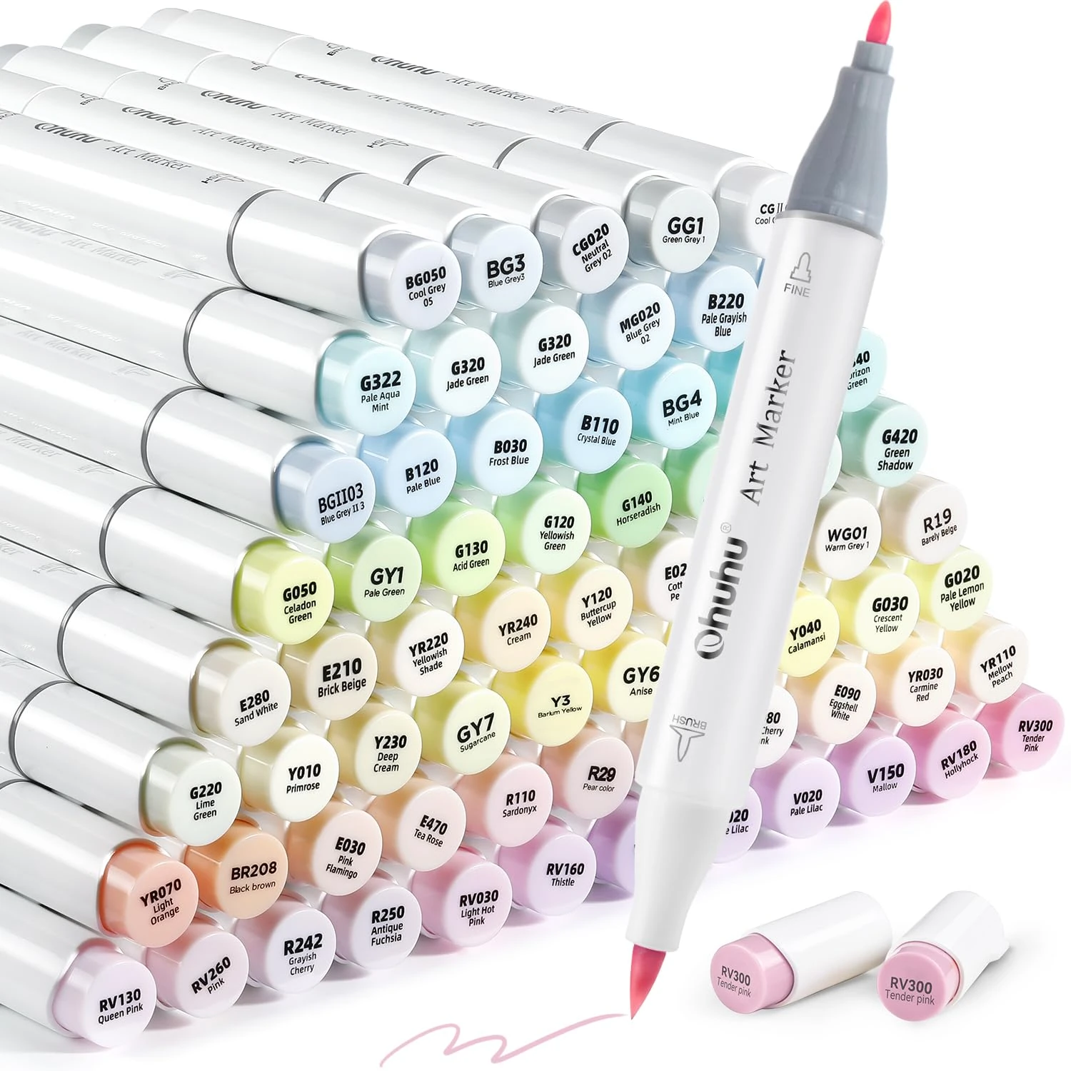 Ohuhu Colouring Pens 96 Pastel Colours Permanent Marker Pens Dual Tip Sketch Marker for Artist, Students, Brush Markers for Sketching, Adult Coloring Calligraphy Drawing (Brush & Chisel)