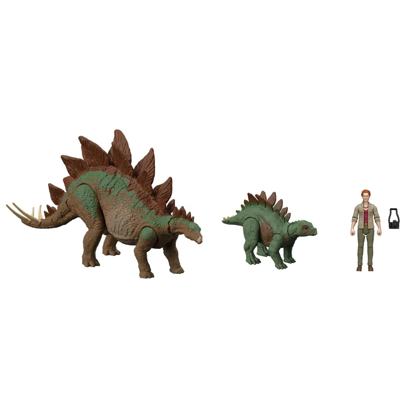 HHK91 Jurassic World: A New Age Legacy Collection Dr Sarah Harding with Large and Small Stegosaurus Dinosaur, Authentic and Articulated Figures, 9.5 cm, Age 4+