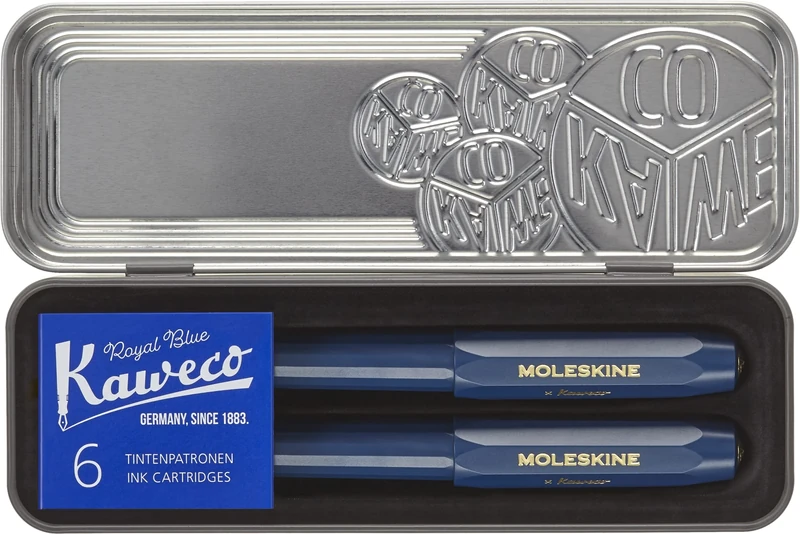 Moleskine x Kaweco Fountain Pen in ABS plastic with Gold-Plated Size M Nib and Refillable Ballpen for Writers, Note-Takers, Refill 1.0mm with Blue Ink and 6 Blue Ink Cartridges included, Color Blue