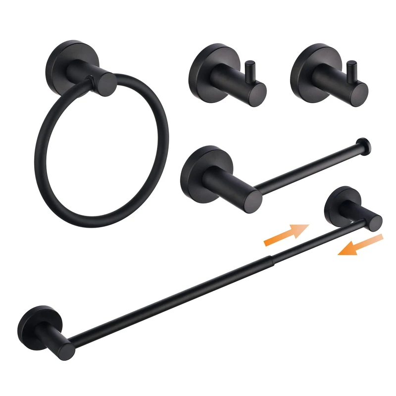 Black Bathroom Hardware Accessories Set - Adjustable 33-60CM Towel Rail Toilet Roll Holder Towel Ring 2Pcs Towel Hooks - Wall Mounted SHUNLI