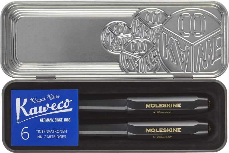 Moleskine x Kaweco Fountain Pen in ABS plastic with Gold-Plated Size M Nib and Refillable Ballpen for Writers, Note-Takers, Refill 1.0mm with Blue Ink and 6 Blue Ink Cartridges included, Color Black