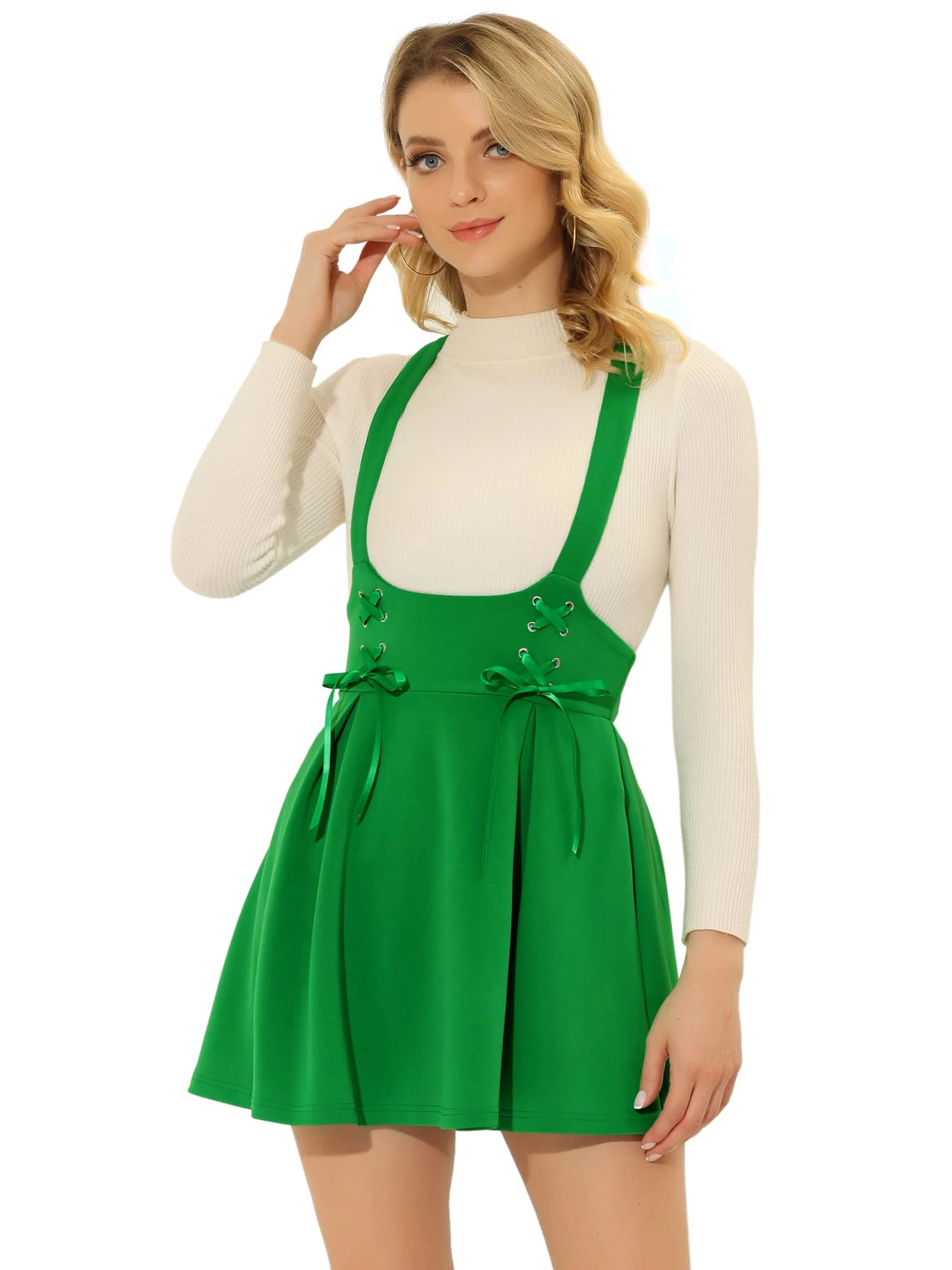 Allegra K Women's High Waist Brace Skirts Lace Up A-Line Mini Suspender Skirt Green 20