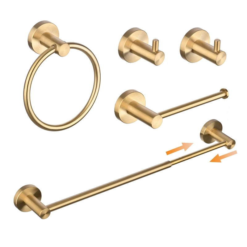 Bathroom Hardware Accessories Set 5-Piece - Adjustable 33-60CM Towel Rail Toilet Roll Holder Towel Ring 2Pcs Towel Hooks - Brushed Gold Wall Mounted SHUNLI