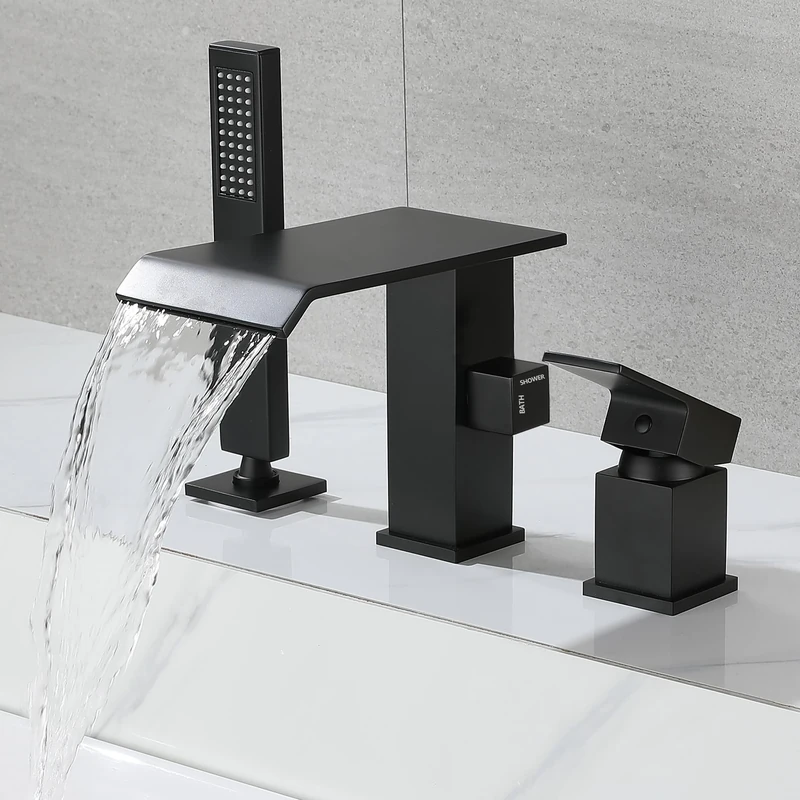 NIITAWH Waterfall Roman Tub Faucet with Hand Shower Matte Black High Flow Bathtub Faucet 3 Hole Widespread Tub Filler Deck Mount Solid Brass
