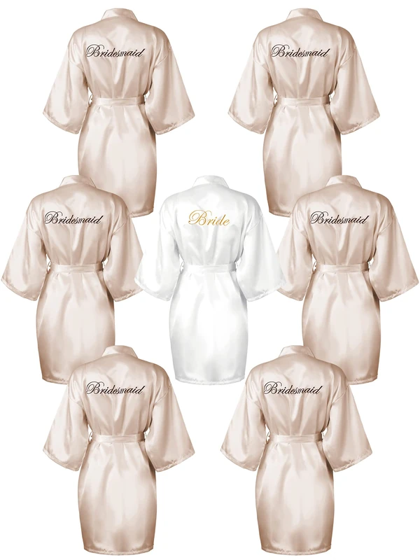 Geyoga 7 Pcs Bridesmaids Satin Robes Silky Bride Kimono Bathrobe Sleepwear for Wedding, Champagne, White, Large