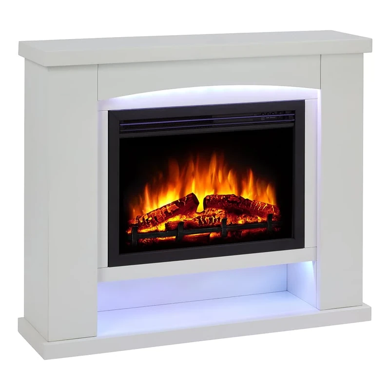 Endeavour Fires Ebberston 39'' Electric Fireplace Suite and Realistic Flame & Log Effect Fire, 13 Colour LED Lighting Remote Control In an Off White Fireplace Surround with Plinth