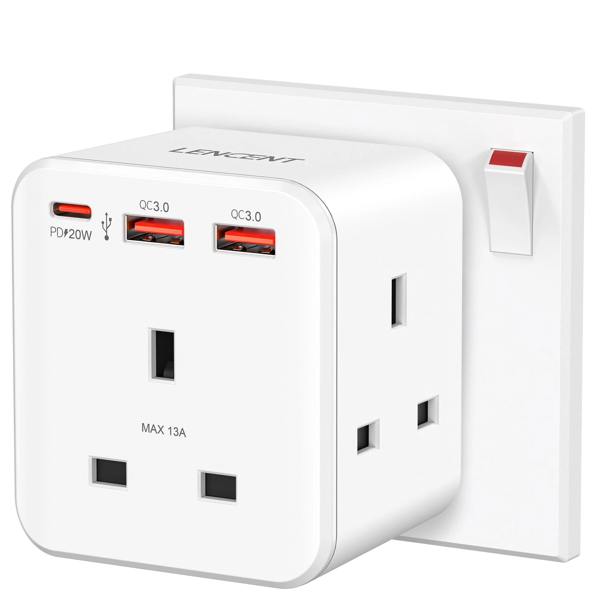 LENCENT 3 way plug adaptor with 3 Fast Charge USB, 6-in-1 Cube Multi Plug Extension with PD&QC 3.0 20W USB Wall Charger, Plug Extender for Home, Office, Kitchen, 13A 3250W