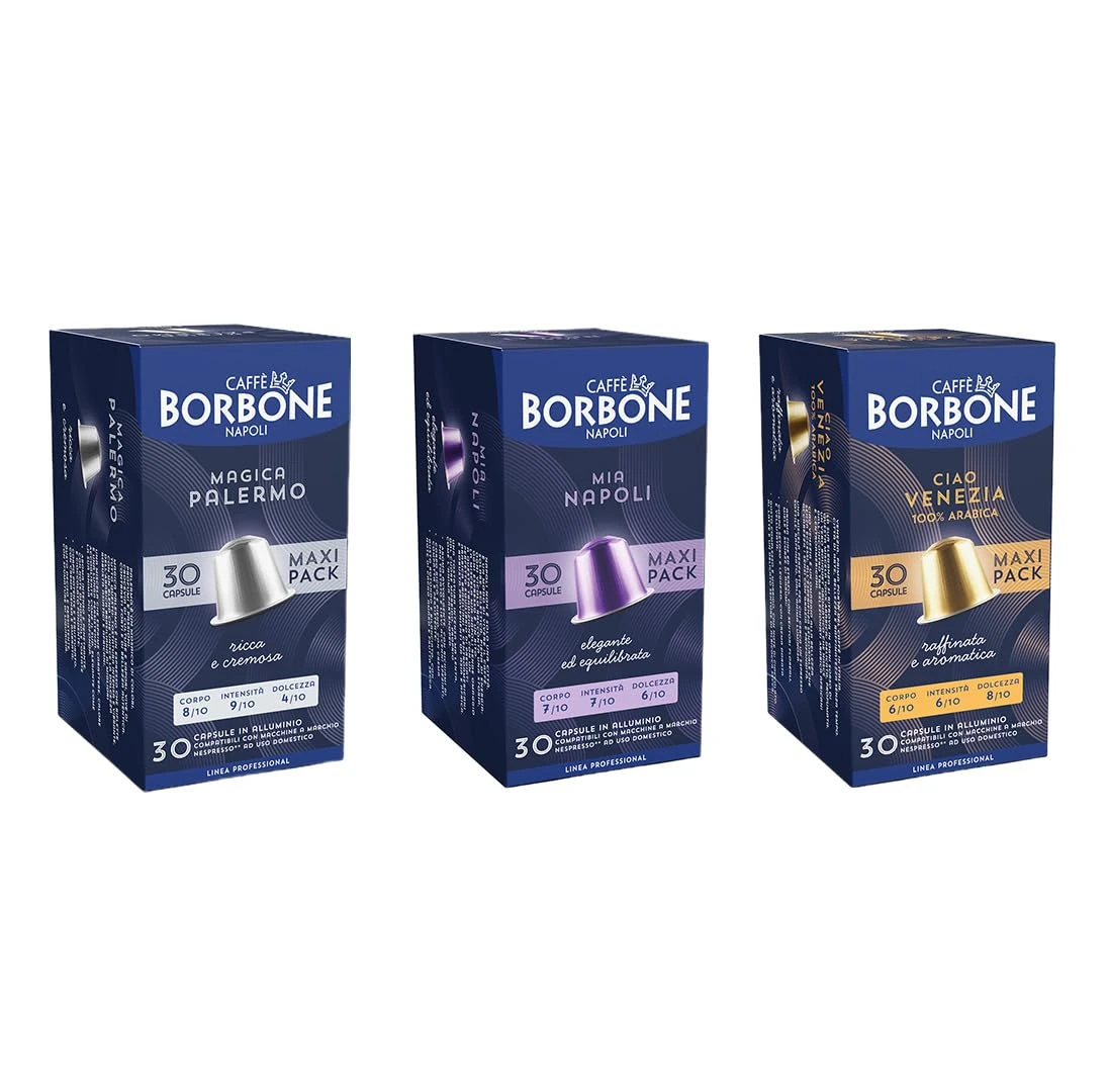 Caffè Borbone Tasting Kit of 100 Aluminium Coffee Capsules (10 Packs of 10) — 40 Mia Napoli, 30 Ciao Venezia, 30 Magica Palermo — Compatible With Nespresso® Coffee Machines for Domestic Use*