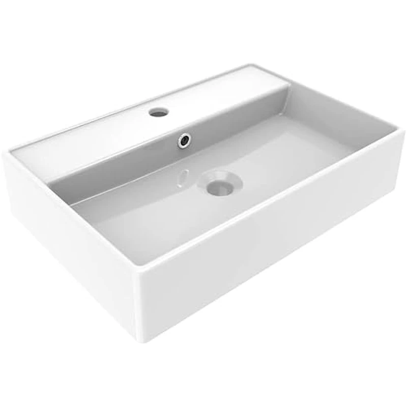 ERCOS Rectangular Ceramic Countertop Washbasin, Bathroom Washbasin, Glossy White with Integrated Overflow, Dimensions 560 x 380 mm