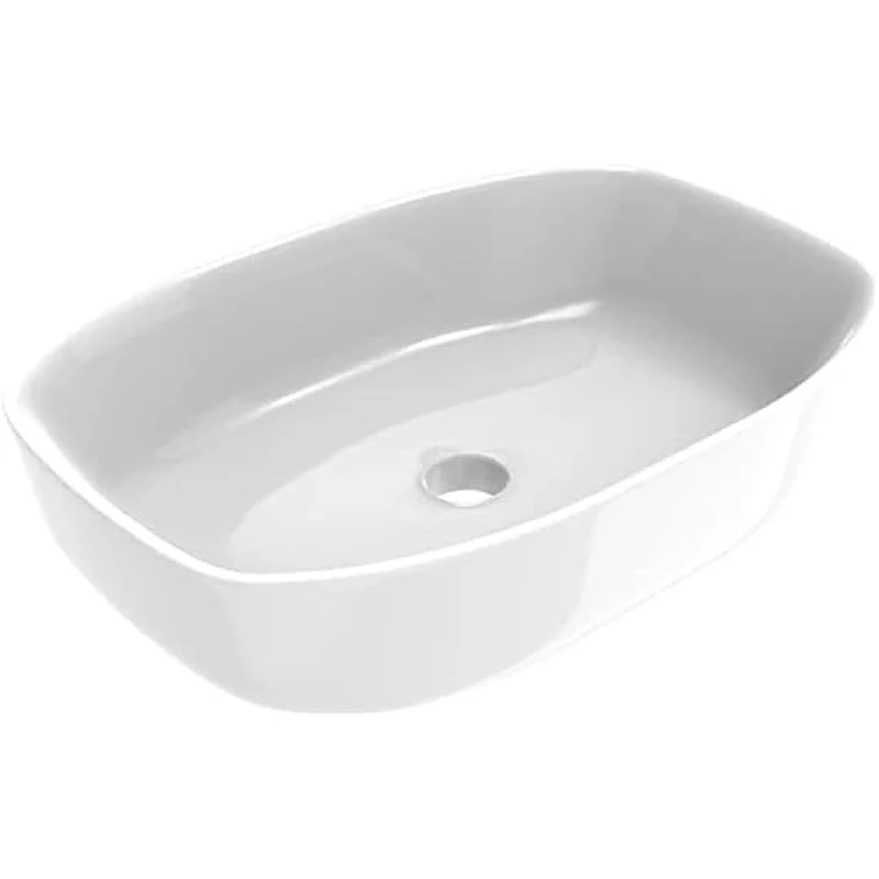 ERCOS Rectangular Ceramic Countertop Washbasin, Bathroom Sink, Glossy White, Without Overflow, Dimensions 600 x 380 mm