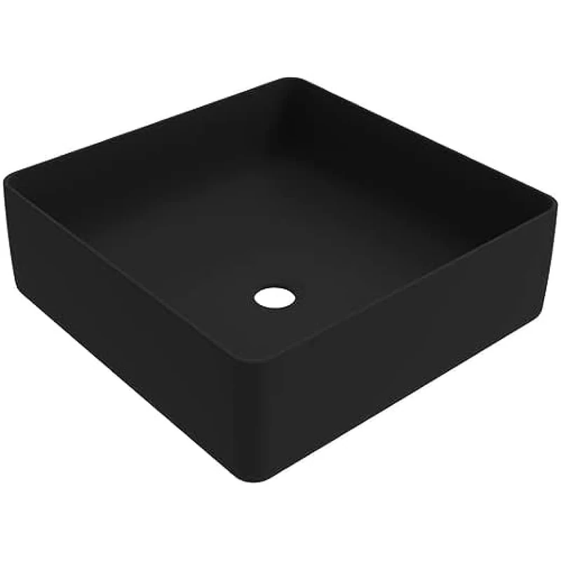 ERCOS Square Ceramic Countertop Basin, Bathroom Basin, Matt Black, Without Overflow, Dimensions 416 x 416 mm