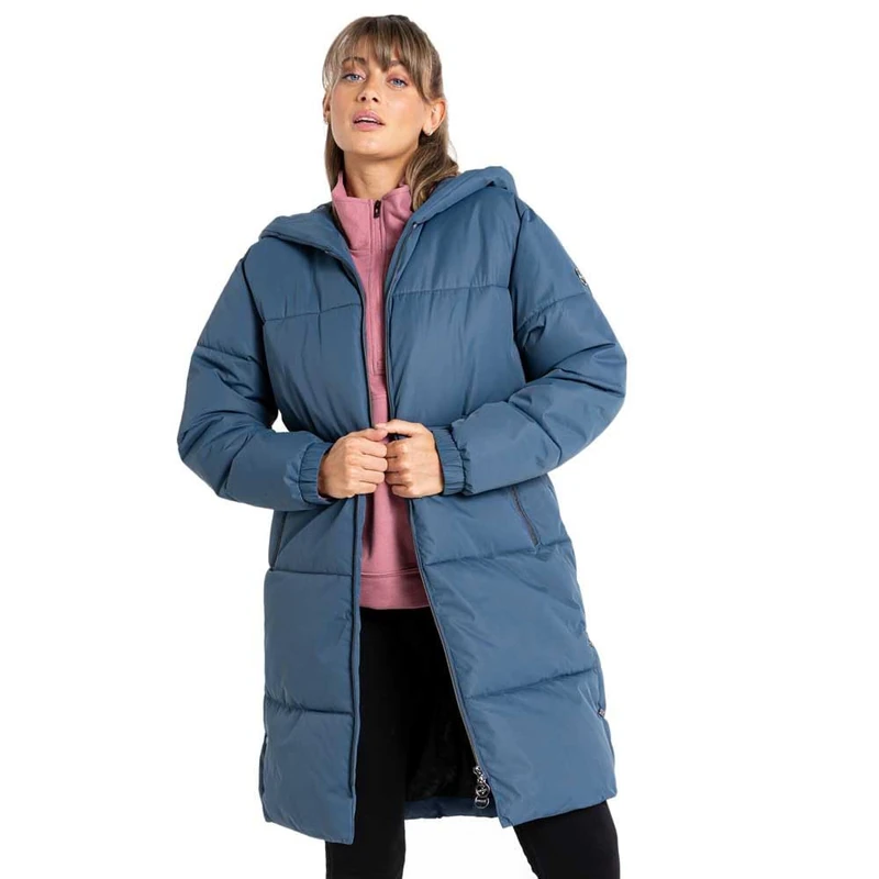 Dare2b Indulgent Jacket Womens Long Coat Jacket water repellent recycled fabric - full zip with 2 low zipped pockets, hood and elasticated cuffs