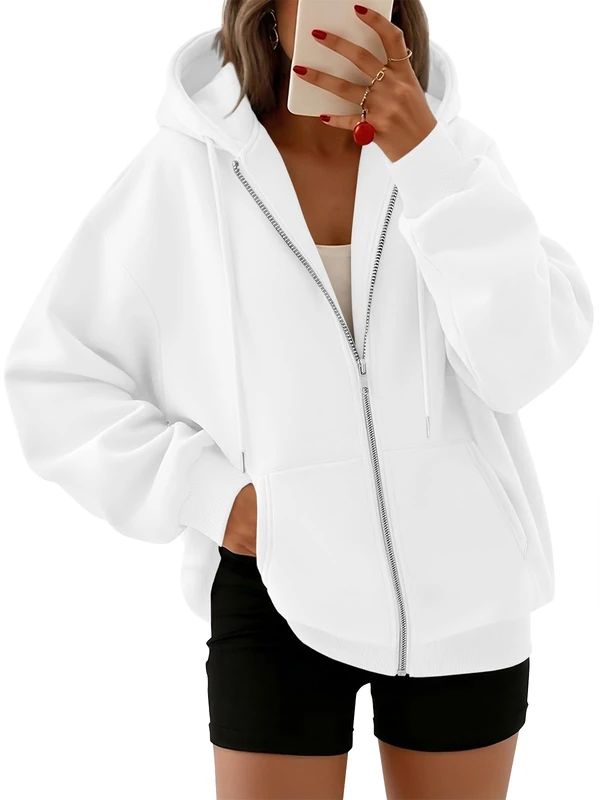 Trendy Queen Womens Zip Up Y2K Hoodies Long Sleeve Fall Oversized Casual Sweatshirts Jacket with Pocket, White, Medium