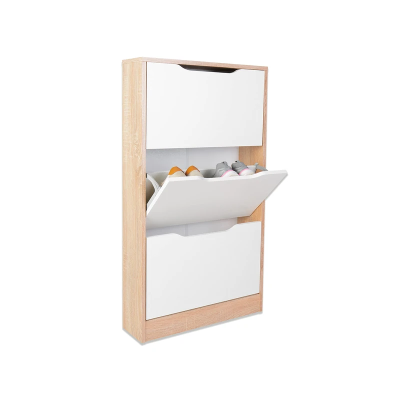 duehome | 3 Door Shoe Rack, Narrow Shoe Rack, Kamik Model, Nordic and White Finish, Measurements: 107.5 cm (H) x 60 cm (W) x 17 cm (D)