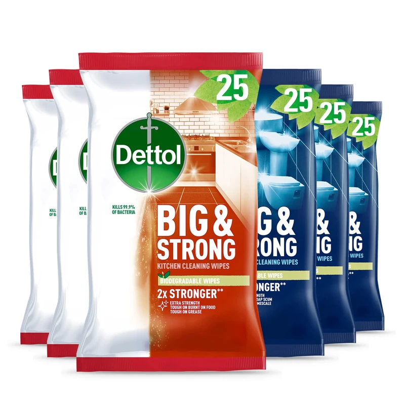Dettol Big and Strong Kitchen and Bathroom Wipes, 150 Wipes (25 x 6pck), Disinfectant, Home Hygiene, Biodegradable, Kills 99.9 Percent of Germs